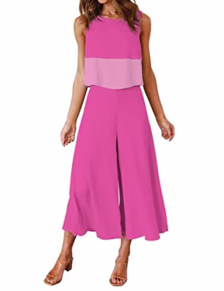 ROYLAMP Women's Summer 2 Piece Outfits Round Neck Crop Top Cropped Wide Leg Pants Set Work Jumpsuits Contrast Rose XS