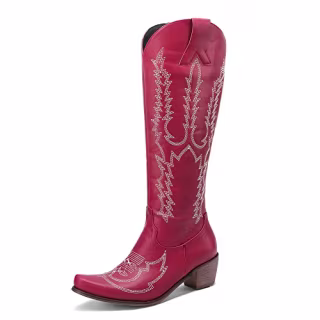 Tscoyuki Women's Embroidery Western Knee High Boots, Pointy Toe Chunky Block Heel Cowboy Cowgirl Boots with Pull On Taps