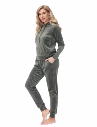 Dolcevida Women's Velour Sweatsuit Set 2 Piece Jogging Sweat Suit Pullover and Drawstring Sweatpants Set(Olive Green,L)