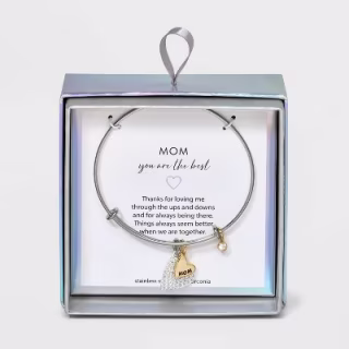 Silver Plated Two-Tone 'Mom' Cubic Zirconia Charm Bracelet