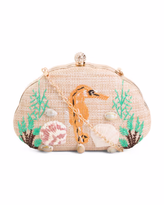 Embroidered Sea Horse Clutch
