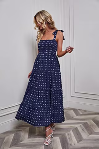 kinstell Women's Summer Boho Spaghetti Strap Square Neck Ruffle Casual Flowy Long Dress Beach Swing Party Maxi Dress Dark Blue