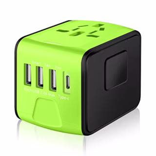 SAUNORCH Universal International Travel Power Adapter W/High Speed 2.4A USB-A, 3.0A Type-C Wall Charger, European Adapter, Worldwide AC Outlet Plugs Adapters for Europe, UK, US, AU, Asia-Green
