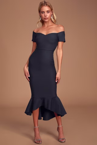 Lulus | How Much I Care Midnight Blue Off-the-Shoulder Midi Dress | Size X-Large | 100% Polyester