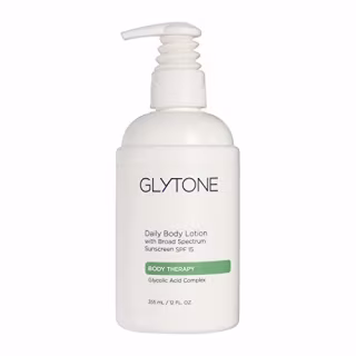 Glytone Daily Body Lotion Broad Spectrum SPF 15 with Glycolic Acid & Shea Butter, Retexturizing Moisturizer, Fragrance Free, 12 oz.