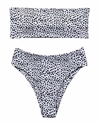 OMKAGI Women's 2 Pieces Bandeau Bikini Swimsuits Off Shoulder High Waist Bathing Suit High Cut(Medium,Leopard Dot)