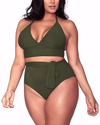 Women's Army Green 2 Piece Plus Size High Waisted Tummy Control Swimwear Swimsuit Sets XL 14