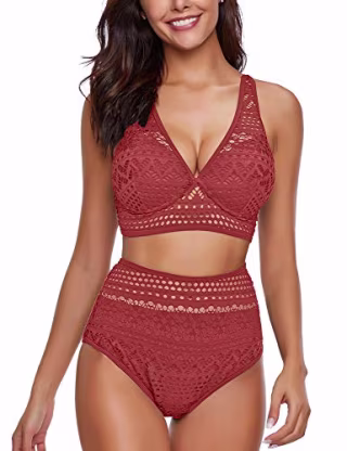 luvamia Women's Two Pieces Crochet Lace High Waist V Neck Bikini Set Swimsuit Coral Size Small (Fits US 4-6)
