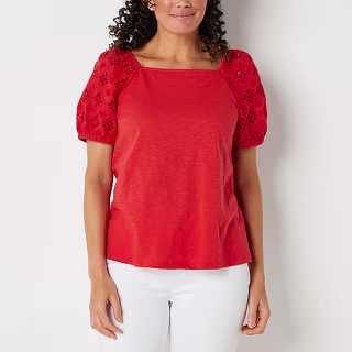 ST. JOHN`S BAY St. John's Bay Womens Square Neck Elbow Sleeve Blouse, Small, Blue