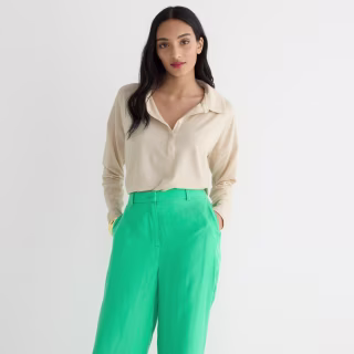 Relaxed long-sleeve stretch linen-blend polo shirt