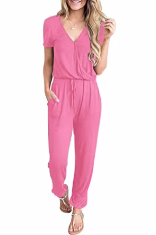 PRETTYGARDEN Women's Summer Casual Deep V Neck Short Sleeve Wrap Drawstring Waist Jumpsuit Romper (Rose Pink,Small)