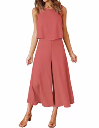 ROYLAMP Women's Summer 2 Piece Outfits Round Neck Crop Basic Top Cropped Wide Leg Pants Set Jumpsuits Orange XS