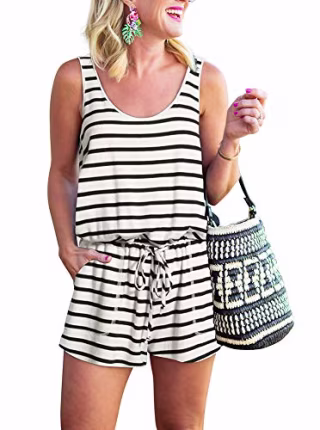 REORIA Womens Casual Summer One Piece Sleeveless Tank Top Striped Playsuits Workout Yoga Short Jumpsuit Beach Rompers White+Black Small
