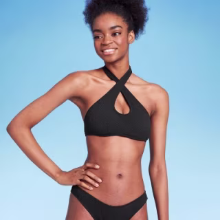 Cross Front Pucker Textured Halter Bikini Top Wild Fable