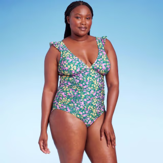 Women's Ruffle Shoulder Ruched Full Coverage One Piece Swimsuit