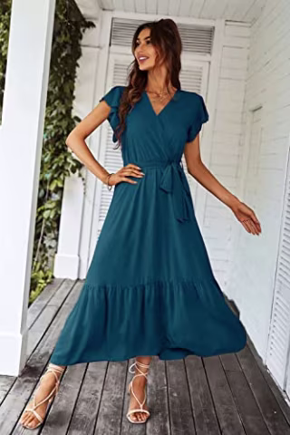 PRETTYGARDEN Women's 2023 Floral Summer Dress Wrap V Neck Short Sleeve Belted Ruffle Hem A-Line Bohemian Maxi Dresses (Solid Lake Blue,Medium)
