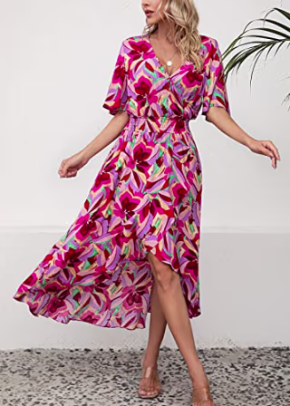 Kormei Women Short Sleeve V Neck Floral High Low Flowy Summer Party Long Maxi Dress M Purple/Pink Floral