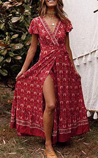 Zesica Bohemian Floral Printed V-Neck Wrap Dress