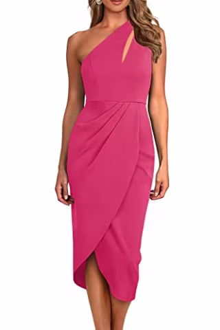 PRETTYGARDEN Women's One Shoulder Ruched Bodycon Dress 2023 Summer Cutout Slit Wrap Party Cocktail Midi Dresses (Rose Pink,Medium)