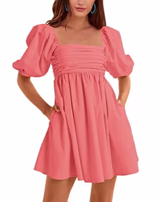 Ebifin Womens Square Neck Dresses Half Puff Sleeve High Waist A-Line Casual Backless Smocked Short Babydoll Mini Dress
