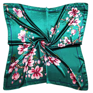 vabovin 35" Fashion Neckerchief Women's Silk Like Big Satin Square Hair Scarf Accessory (Blue Green Flowers)