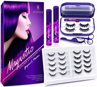 Arishine 3D 5D Magnetic Eyelashes with Eyeliner Kit, 10-Pair Reusable Natural Magnetic Lashes, 2 Pair Fluffy magnetic Eyelashes, 2 Tubes of Magnetic Eyeliner with Scissors Tweezers & Mirror Case