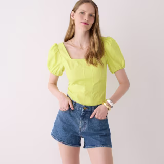 Puff-sleeve squareneck top in cotton poplin