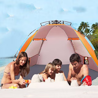 Oileus X-Large 4 Person Beach Tent Sun Shelter - Portable Sun Shade Instant Tent for Beach with Carrying Bag, Stakes, 6 Sand Pockets, Anti UV for Fishing Hiking Camping, Waterproof Windproof, Orange