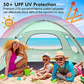 WhiteFang Beach Tent Anti-UV Portable Sun Shade Shelter for 3 Person, Extendable Floor with 3 Ventilating Mesh Windows Plus Carrying Bag, Stakes and Guy Lines (Mint Green)