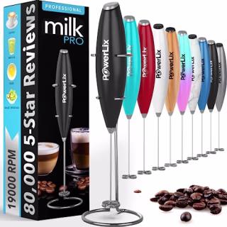 PowerLix Powerful Handheld Milk Frother With Stand Battery Operated Foam Maker Frother Wand For Coffee, Latte, Cappuccino, Hot Chocolate, Mini Drink Mixer Stainless Steel Whisk