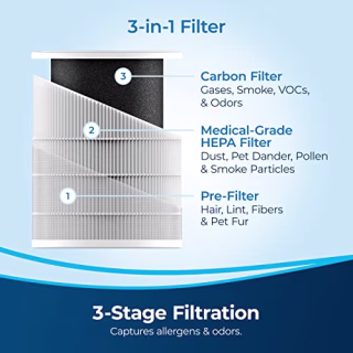BISSELL Air180 Air Purifier For Home, Bedroom, HEPA Filter, Filters Smoke, Allergies, Pet Dander, Odor, Dust, Gray, 34964