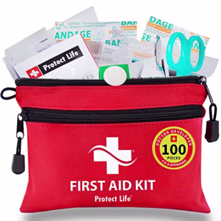 Protect Life First Aid Kit - 100 Piece Includes Tourniquet - Small First Aid Safety Kits for Camping, Hiking, Backpacking, Travel, Vehicle, Outdoors