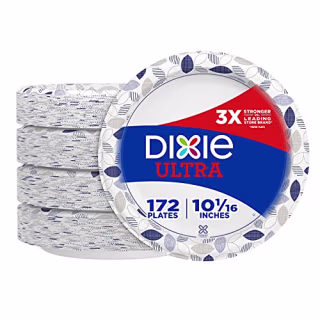 Dixie Ultra Paper Plates, 10 1/16 inch, Dinner Size Printed Disposable Plate, 172 Count (4 Packs of 43 Plates), Packaging and Design May Vary