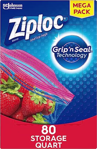 Ziploc Quart Food Storage Bags, Grip 'n Seal Technology for Easier Grip, Open, and Close, 80 Count