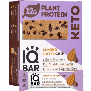 IQBAR Brain and Body Keto Protein Bars - Almond Butter Chip - 12-Count Low Carb- High Fiber Vegan Energy Bars and Low Sugar Meal Replacement Snacks