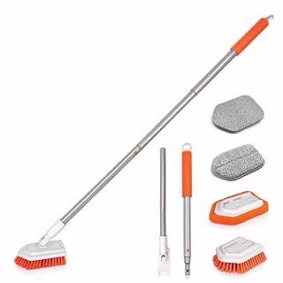 JEHONN 4-in-1 Tile Tub Scrubber with Long Handle, Upgraded Shower Cleaning Brush, 4 Different Function Scrub Brush Attachments Head for Bathroom, Bathtub, Floor, Wall, Baseboard
