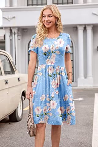 DB MOON Women Casual Short Sleeve Dresses Empire Waist Knee Length Dress with Pockets (Flower Light Blue, S)