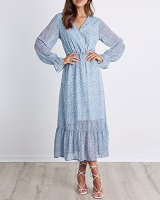 BTFBM Women's Casual Party Dresses 2023 Long Sleeve Wrap V Neck Swiss Dot Leopard Boho Swing A-Line Maxi Dress with Belt(Light Blue, Medium)