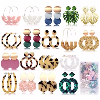 FIFATA 18 Pairs Statement Rattan Earrings for Women Girls Summer Beach Straw Earrings Fun Acrylic Hoop Drop Dangle Earrings Fashion Resin Jewelry Set Hypoallergenic for Sensitive Ears
