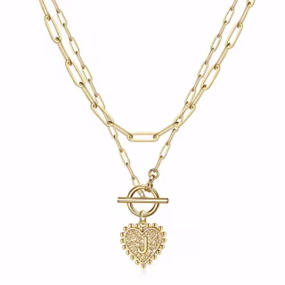 Hidepoo Layered Gold Initial Necklaces for Women, 14K Gold Plated Paperclip Link Chain Choker Necklace Heart Letter Pendant Toggle Clasp Initial J Necklaces for Women