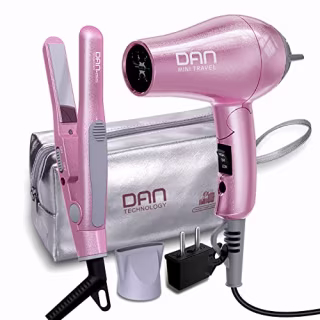 DAN Technology Flat Iron Blow Dryer Set, Travel Hair Dryer and Small Flat Irons with Travel case, Concentrator Nozzle & EU Plug Adapter, Dual Voltage & Folding Handle, Pro Hair Dryer Set...