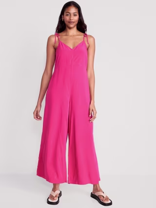 Loose Cropped Tie-Shoulder V-Neck Cami Jumpsuit for Women