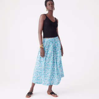 Smocked-waist cotton voile midi skirt in blue blooms block print