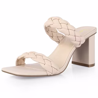Leevar Braided Sandals for Women - Stylish Square Toe Braided Heels for Women - Tan Womens Braided Block Heel Sandals - 3 inches Woven Chunky Heels, Nude Nubuck, Size 8