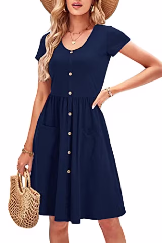 OUGES Womens Summer Short Sleeve Spring Dresses Midi Dresses Button Down V Neck Skater Dress with Pockets 2023(Navy395,XL)