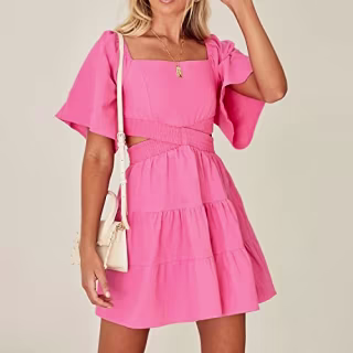Shy Velvet Women's Summer Dress Square Neck Short Sleeves Crossover Waist Casual Party Mini Dress Pink