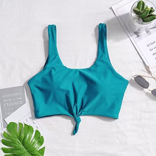 Balasami Women's Retro Scoop Neck Bow Knot Front Padded Tank Crop Top Bikini Swimsuit Top Only Teal