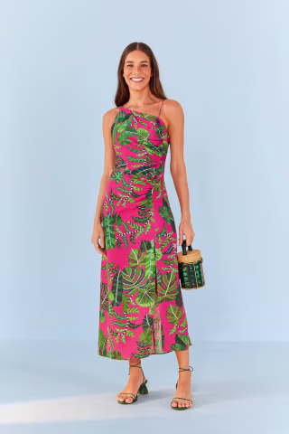 pink leaves midi dress