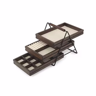 Umbra 1004037-048 Terrace Jewelry Tray - Three-Tier Jewelry Tray With Three Sliding Linen Lined Wood Trays With Metal Frame and Handle, Easy Storage and Access, Black/Walnut Finish