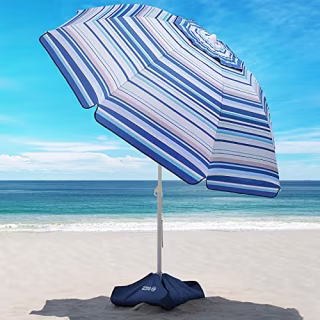 OutdoorMaster Beach Umbrella with Sand Bag - 6.5ft Beach Umbrella with Sand Anchor, UPF 50+ PU Coating with Carry Bag for Patio and Outdoor - Blue/White Striped
